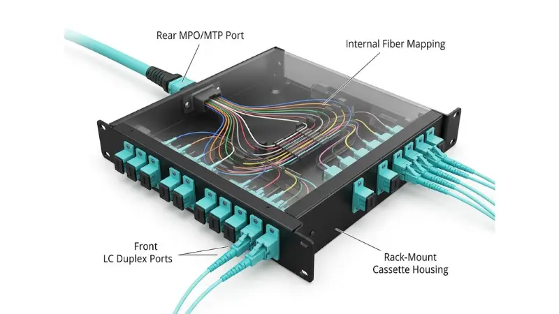 Cutaway view of an MPO/MTP cassette showing rear MPO port, internal fiber mapping and front LC duplex ports