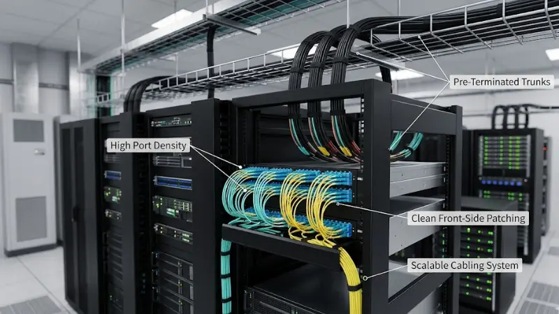 High-density data center fiber cabling using MPO/MTP cassettes and LC patch cords in a rack-mounted panel
