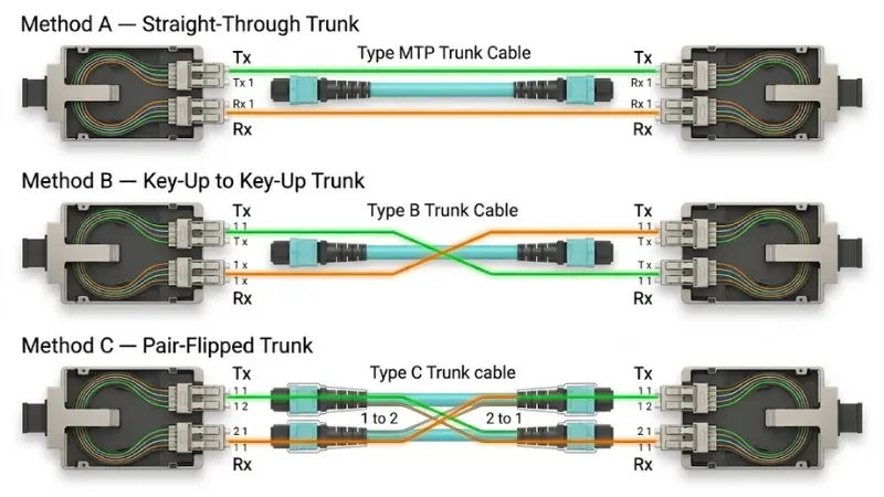 MPO/MTP cassette polarity diagram showing Method A, Method B and Method C fiber paths
