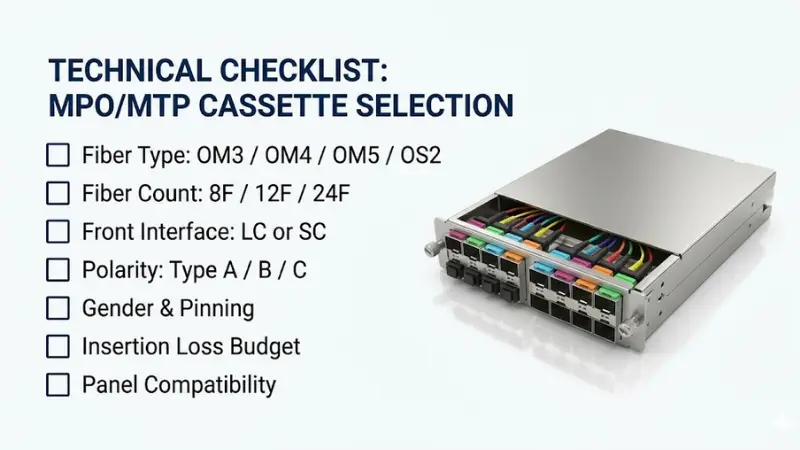 Checklist for choosing the right MPO/MTP cassette including fiber type, fiber count, polarity and insertion loss budget